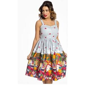 Lindy Bop Bambi Blue Holland Print Swing Dress Pin Up Retro Sz 4 50s Rockabilly